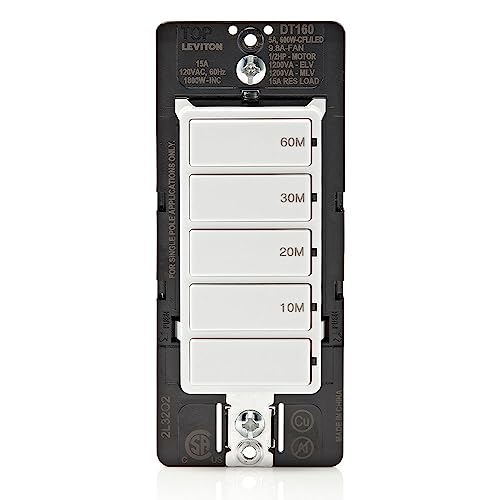 Leviton Countdown Timer Switch for Bathroom Fan and Household Lights, 10-20-30-60 min, No Neutral Required, Single Pole, 15A, 1/2HP/9.8A Fan/Motor, DT160-1LW, White