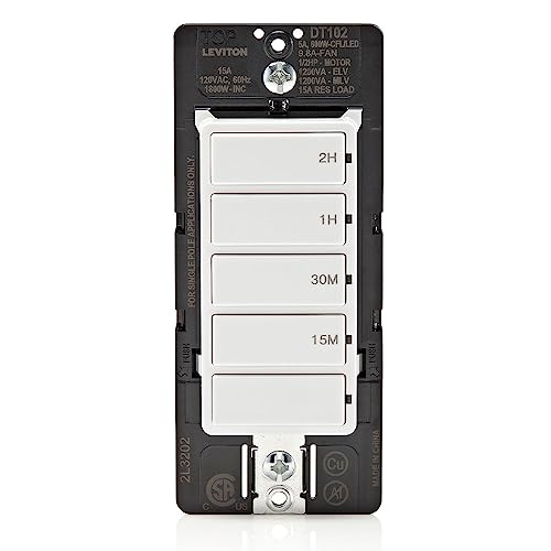 Leviton Countdown Timer Switch for Household Lights and Exhaust Fans, 15-30 min, 1-2 Hour, No Neutral Wire Required, Single Pole, 15A, 1/2HP/9.8A Fan/Motor, DT102-1LW, White