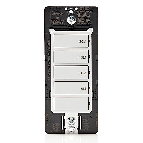 Leviton Countdown Timer Switch for Bathroom Fan and Household Lights, 5-10-15-30 min, No Neutral Required, Single Pole, 15A, 1/2HP/9.8A Fan/Motor, DT130-1LW, White