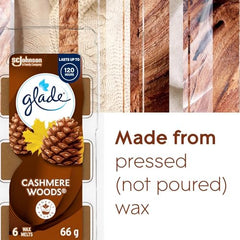 Glade Wax Melts Air Freshener and Odor Eliminator, Scented Essential Oils for Home and Bathroom, Cashmere Woods, 6 Count