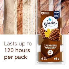 Glade Wax Melts Air Freshener and Odor Eliminator, Scented Essential Oils for Home and Bathroom, Cashmere Woods, 6 Count