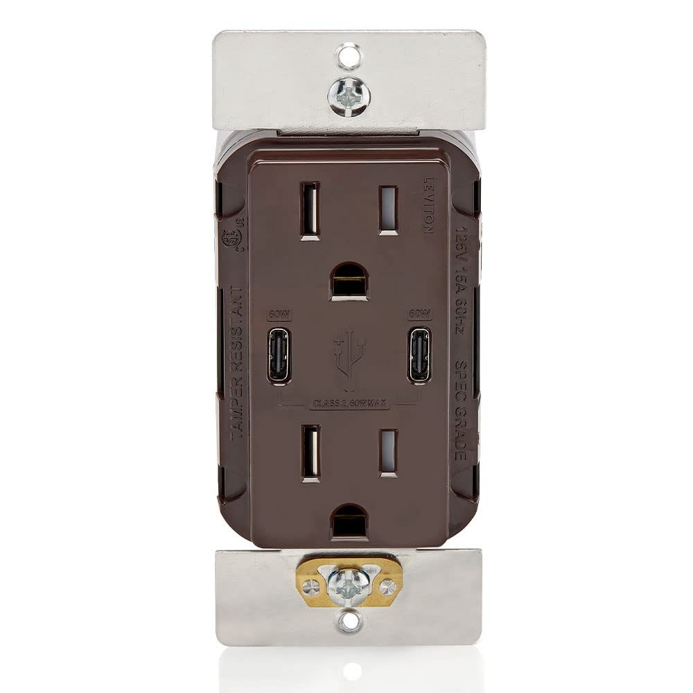 Leviton 60W (6A) USB Dual Type-C/C Power Delivery Wall Charger with 15A Tamper-Resistant Outlet, Brown