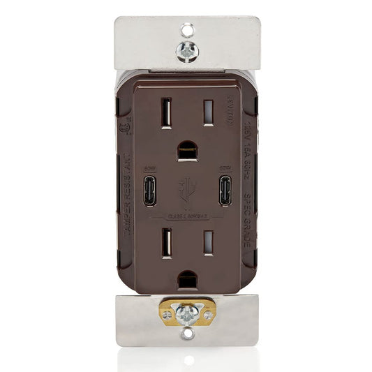 Leviton 60W (6A) USB Dual Type-C/C Power Delivery Wall Charger with 15A Tamper-Resistant Outlet, Brown