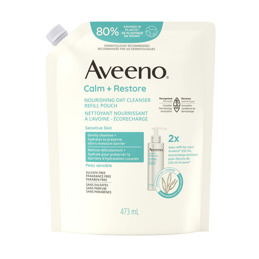 Aveeno Calm + Restore Nourishing Oat Facial Cleanser Refill Pouch, Sensitive Skin, Gentle Cleanser473 mL