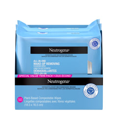 Neutrogena All-in-One Makeup Removing Cleansing Wipes - Gentle Cleansing Towelettes Remove Make-up & Waterproof Mascara - Plant-Based, Alcohol-Free Formula for Sensitive Eye Area - Value Twin Pack, 50 Count