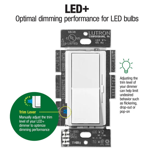 Lutron Diva LED Dimmer for Dimmable LED, Halogen and Incandescent Bulbs Single-Pole or 3-Way DVCL-153P-AL Almond