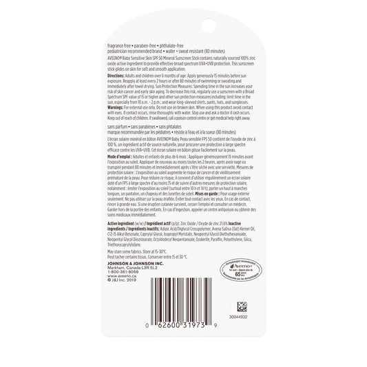 Aveeno Baby Sensitive Skin Mineral sunscreen stick Spf 50 With 100% Zinc Oxide, for Face & Body, Sweat- & Water-resistant Kids sunscreen stick, Travel Size, 13 Grams