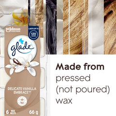 Glade Wax Melts Air Freshener and Odor Eliminator, Scented Essential Oils for Home and Bathroom, Delicate Vanilla Embrace, 6 Count