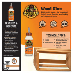 Gorilla Wood Glue, Indoor & Outdoor Carpentry Projects, Paintable, Sandable, Moisture Resistant, Clamping, Natural Color, 8oz/236mL, (Pack of 1), 6200201